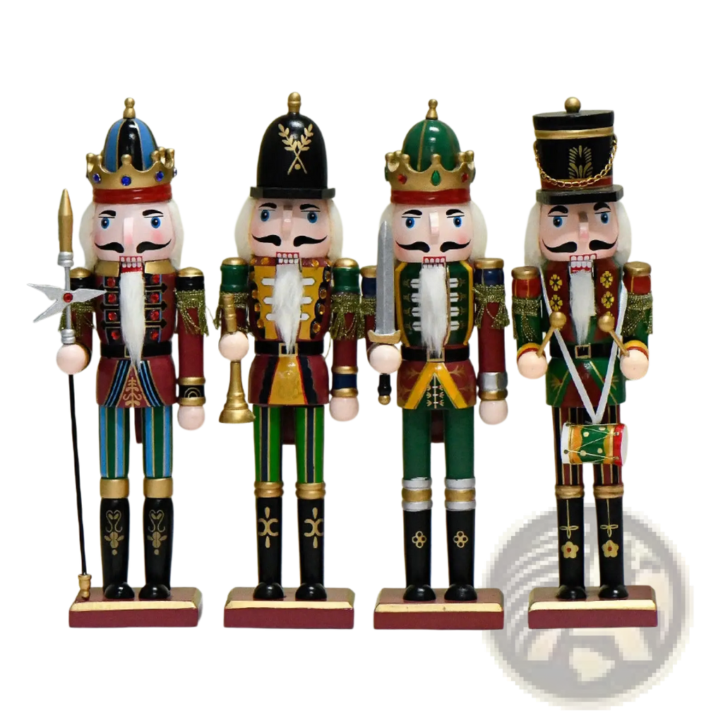 Four wooden nutcracker soldier figurines in vibrant reds greens and gold with detailed military uniforms for christmas decor