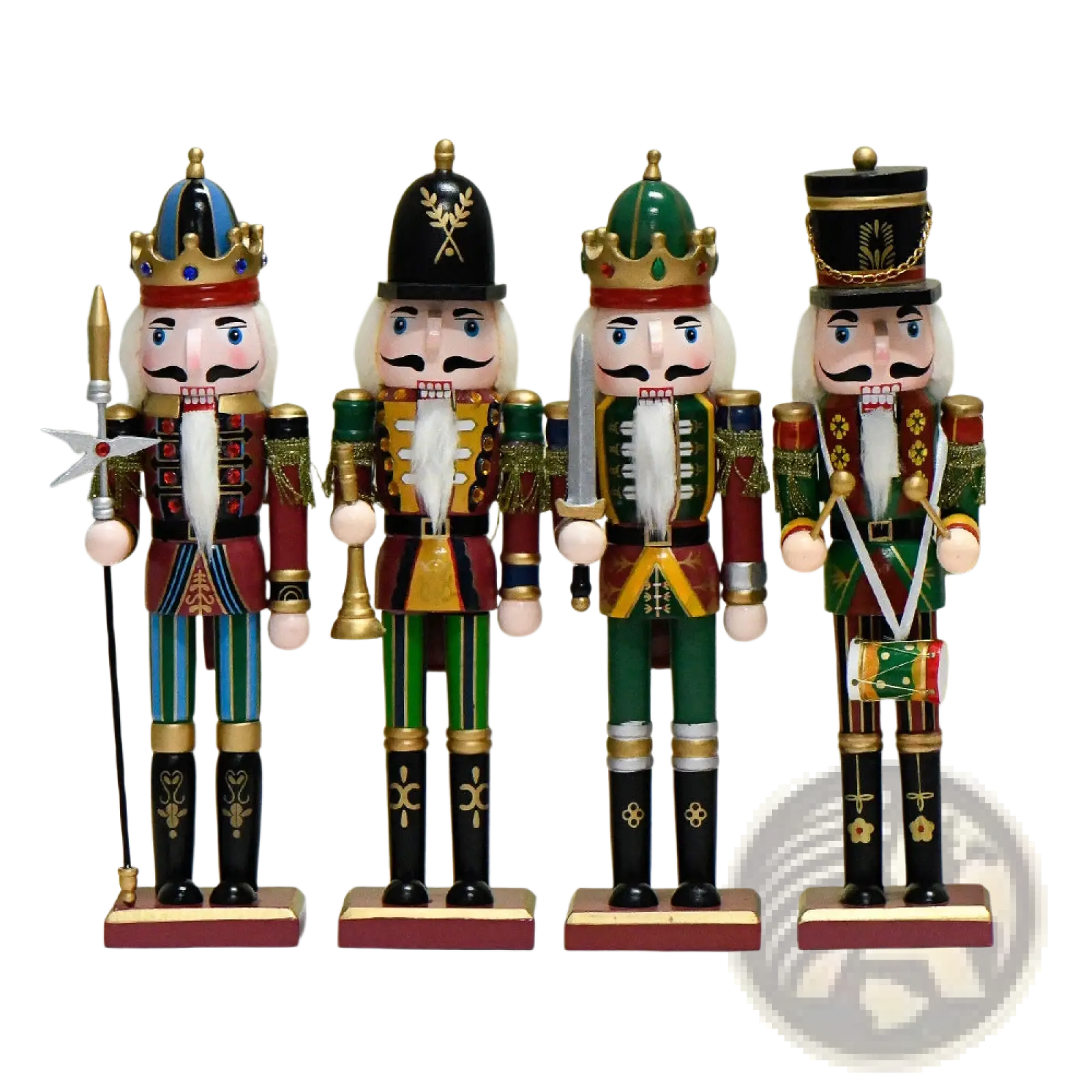 Four wooden nutcracker soldier figurines in vibrant reds greens and gold with detailed military uniforms for christmas decor