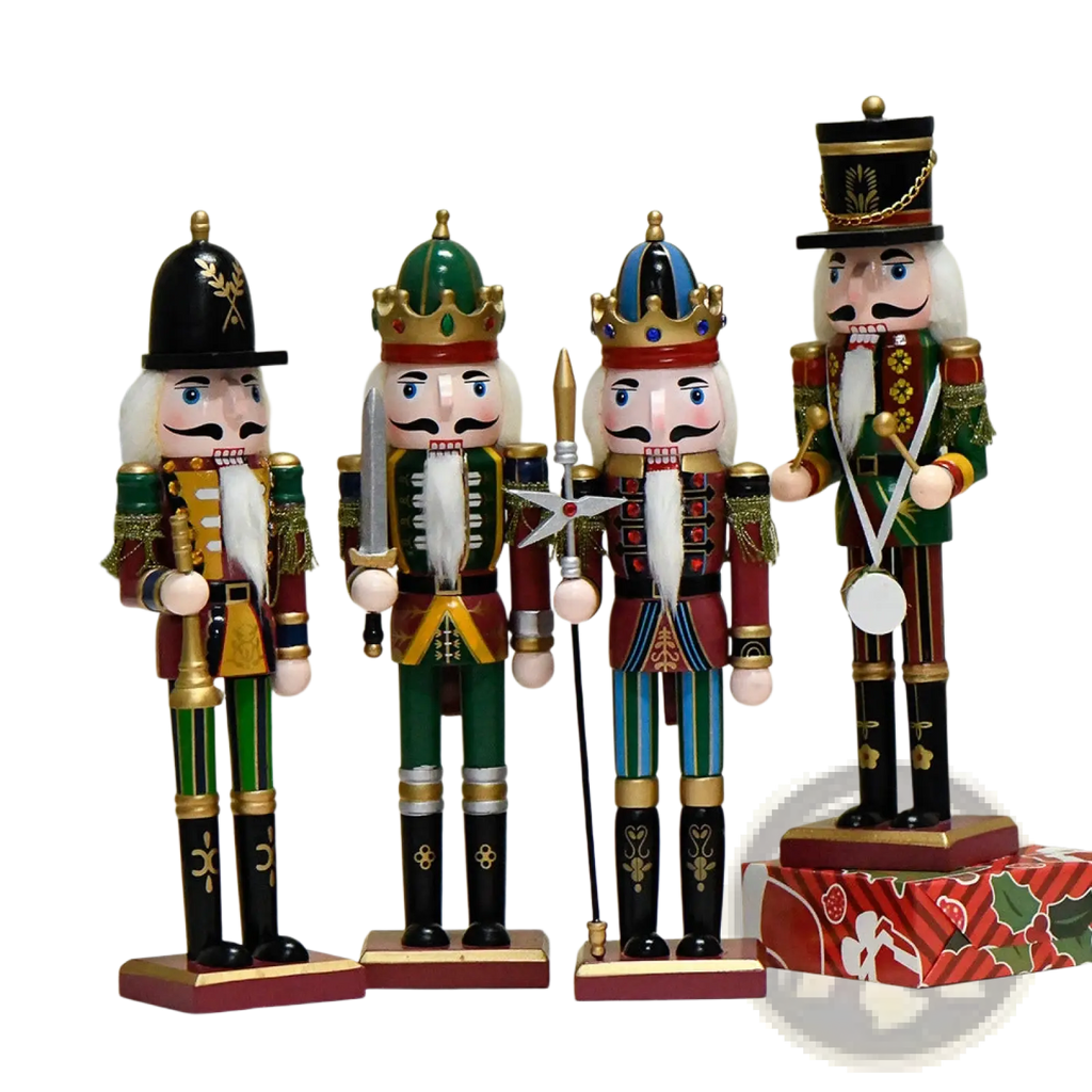 Four wooden nutcracker soldier figurines in vibrant red green and gold with detailed uniforms for Christmas decor