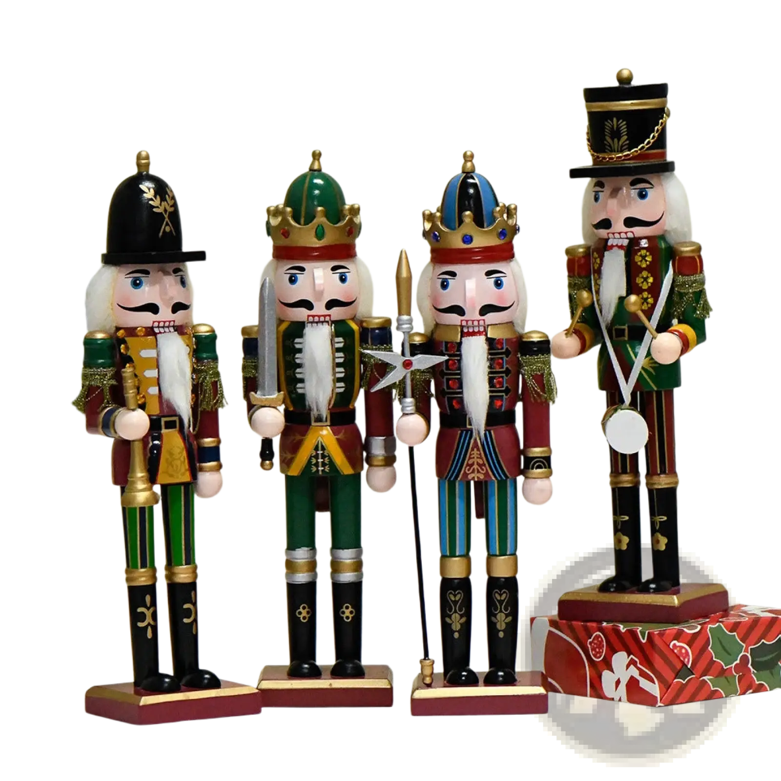 Four wooden nutcracker soldier figurines in vibrant red green and gold with detailed uniforms for Christmas decor