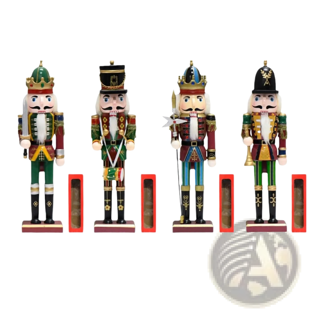 Four intricately painted wooden nutcracker soldier figurines in red green and gold military uniforms for Christmas decor
