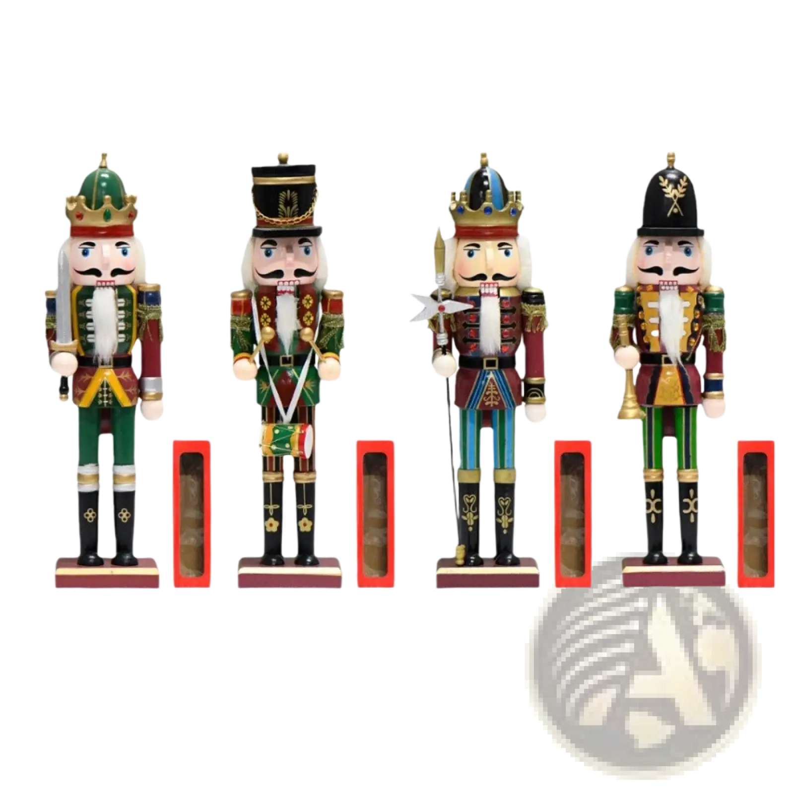 Four intricately painted wooden nutcracker soldier figurines in red green and gold military uniforms for Christmas decor