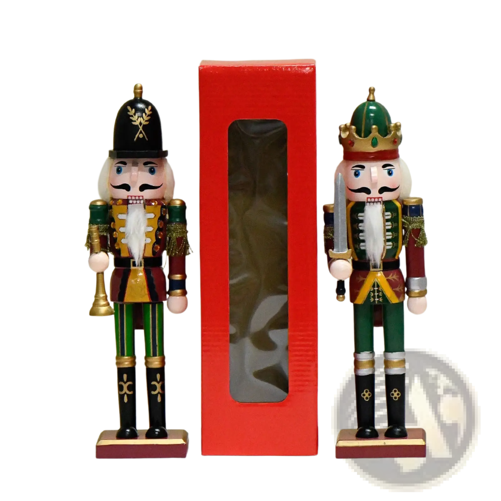 Two intricately painted wooden nutcracker soldier figurines in black gold and green red royal attire christmas decor set 30cm