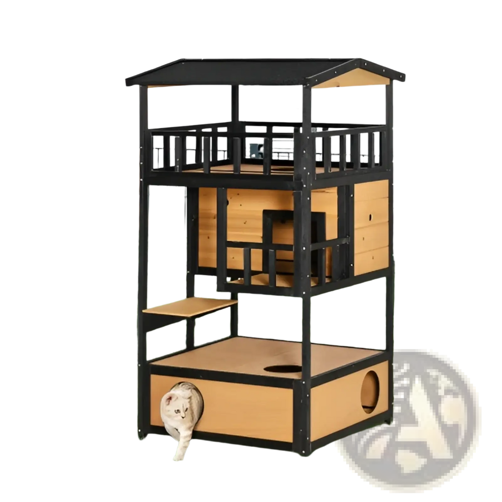 Black and light wood multi-level wooden outdoor cat house with roof, railings, platforms, and circular entrances