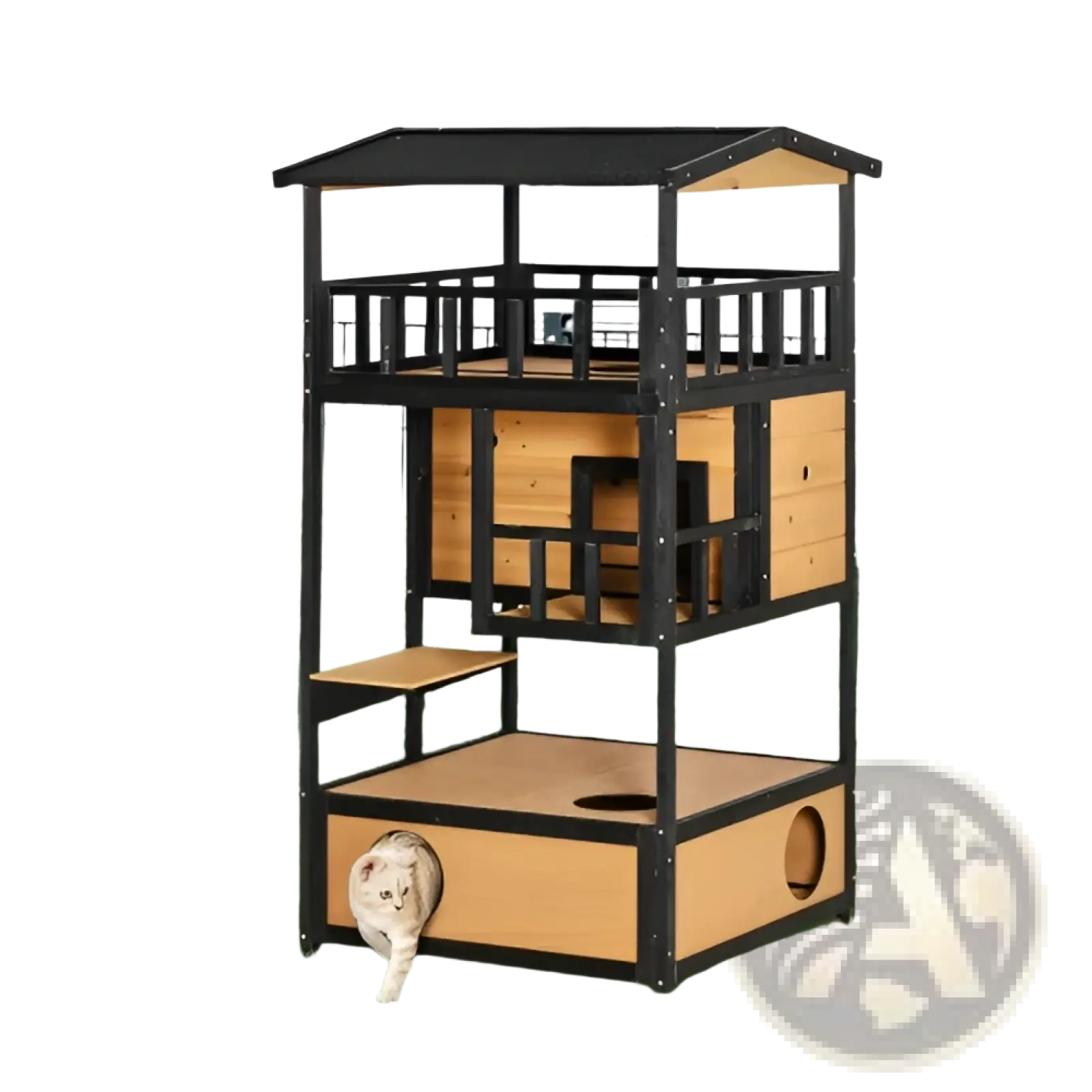 Black and light wood multi-level wooden outdoor cat house with roof, railings, platforms, and circular entrances