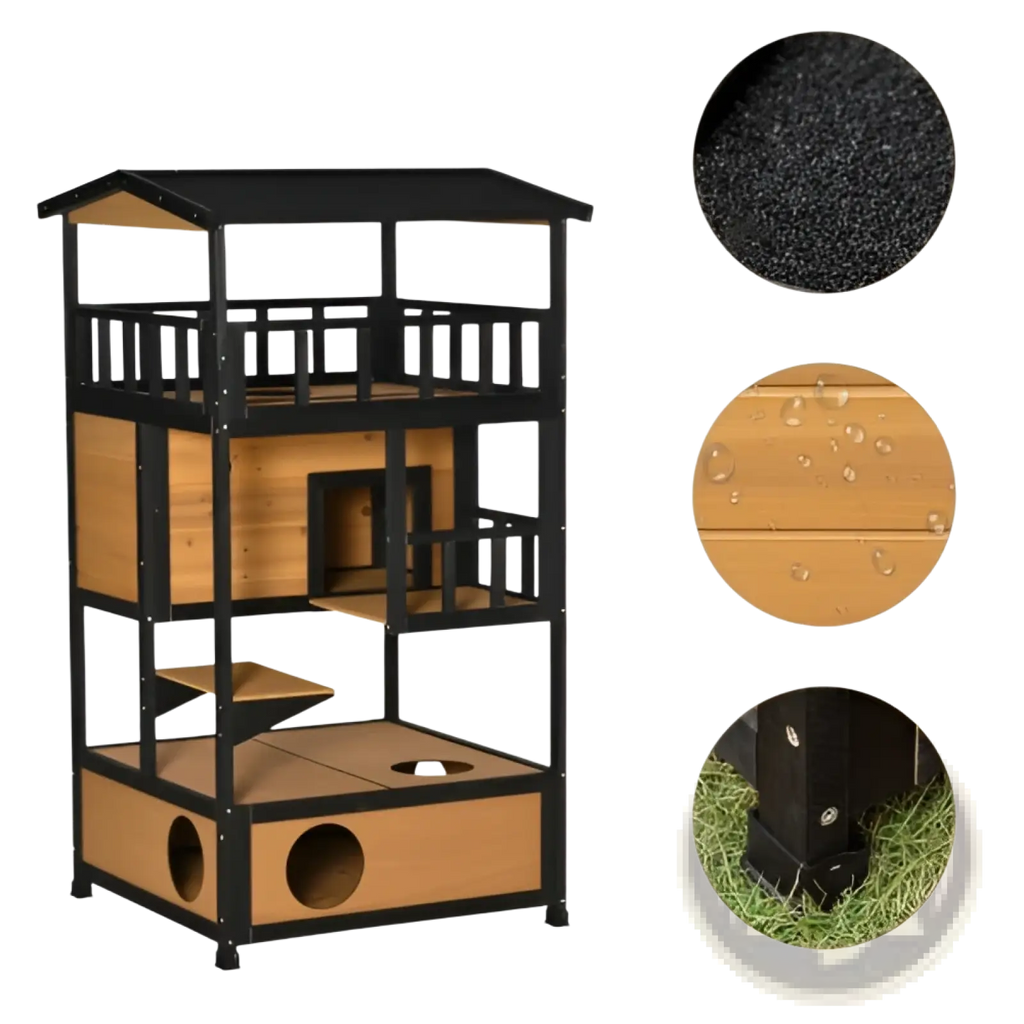 Black and light brown wooden outdoor cat house multi level shelter with roof ramps platforms and circular entry holes