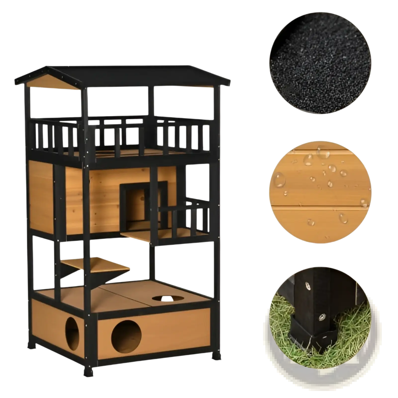 Black and light brown wooden outdoor cat house multi level shelter with roof ramps platforms and circular entry holes