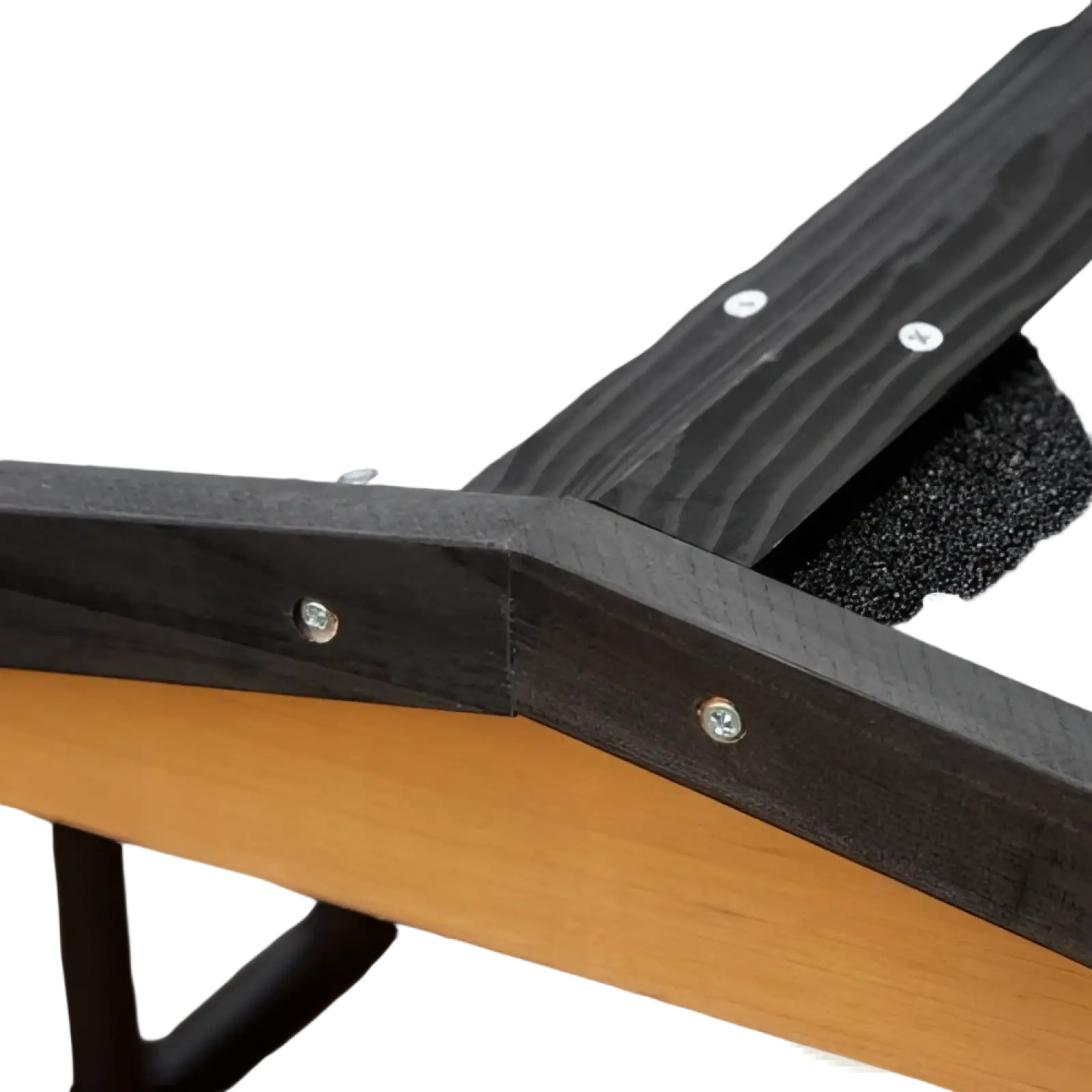 Black wooden frame with silver screws securing corners on the back of a wooden outdoor cat house multi level shelter