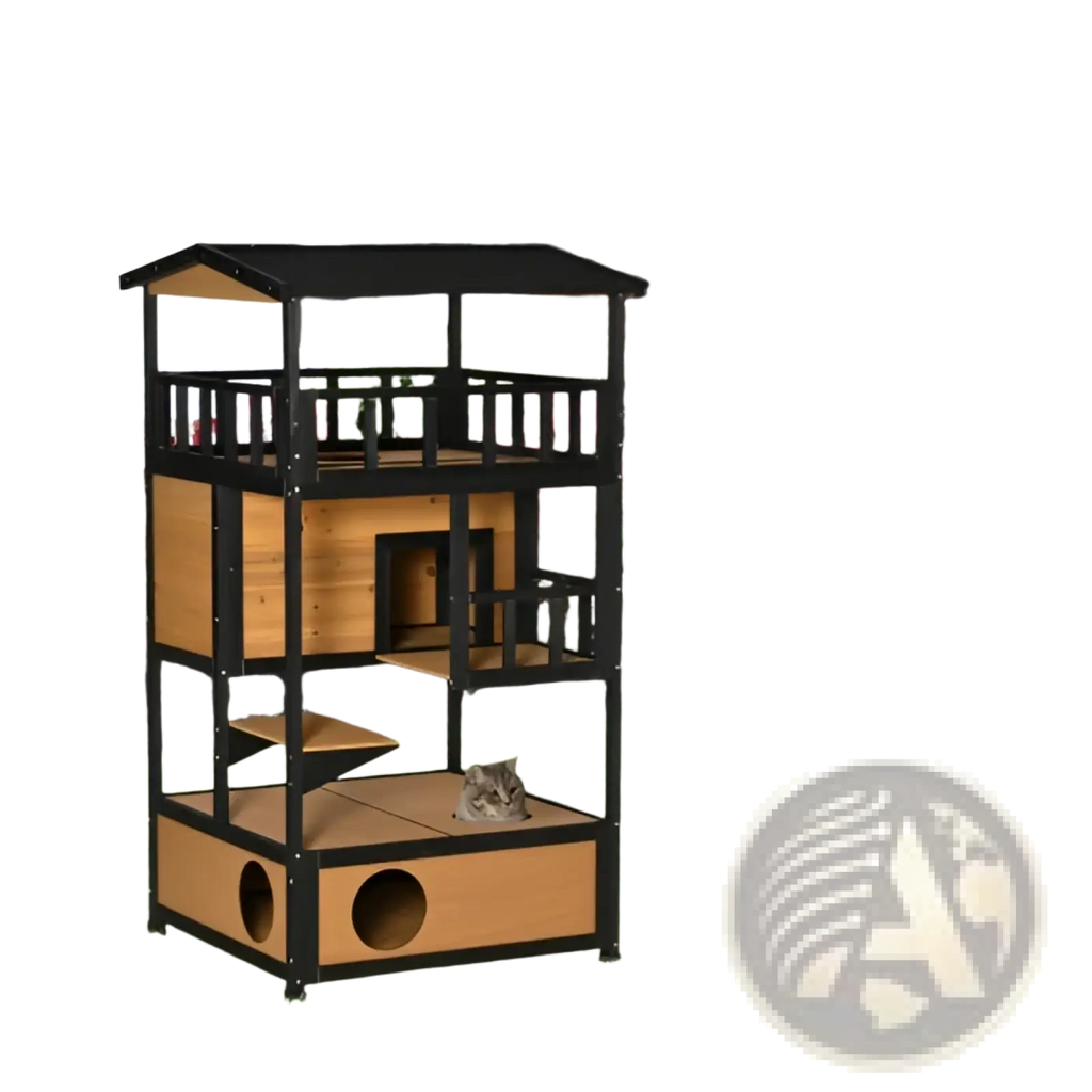 Black and light wood wooden outdoor cat house three-tier playhouse with balcony jump platform and bottom box shelter