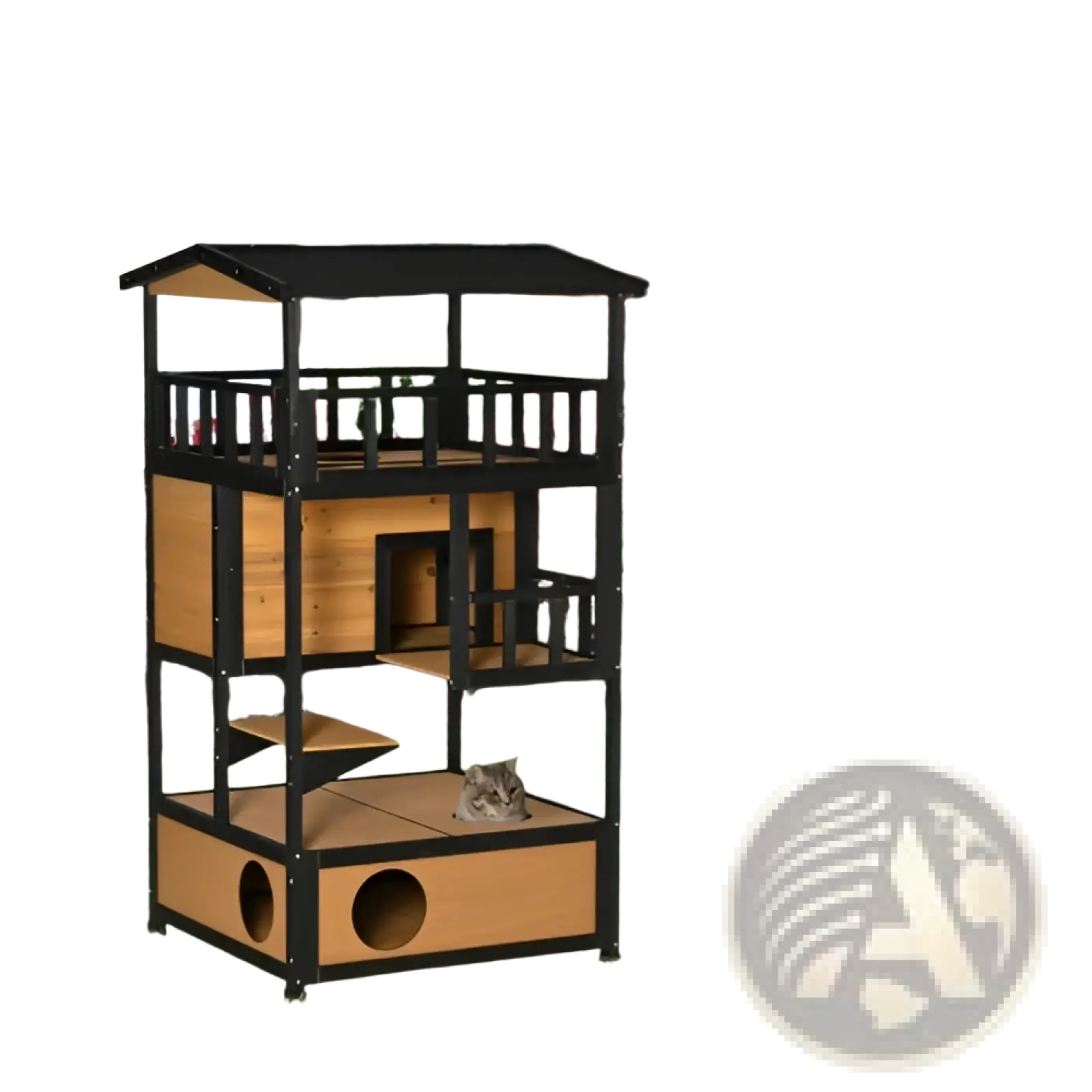 Black and light wood wooden outdoor cat house three-tier playhouse with balcony jump platform and bottom box shelter
