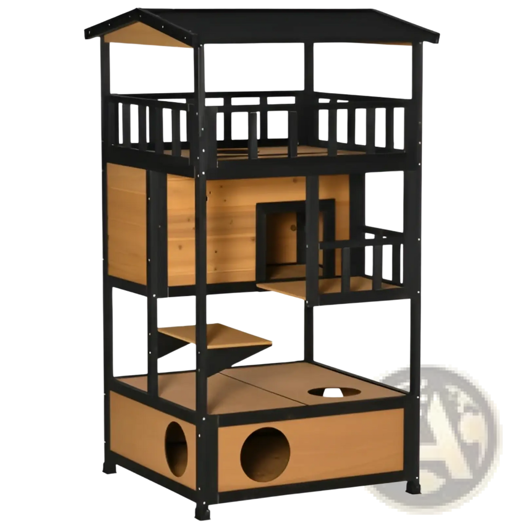 Black and light wood multi-level wooden outdoor cat house featuring platforms perches and enclosed sleeping areas