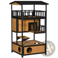 Black and light wood multi-level wooden outdoor cat house featuring platforms perches and enclosed sleeping areas