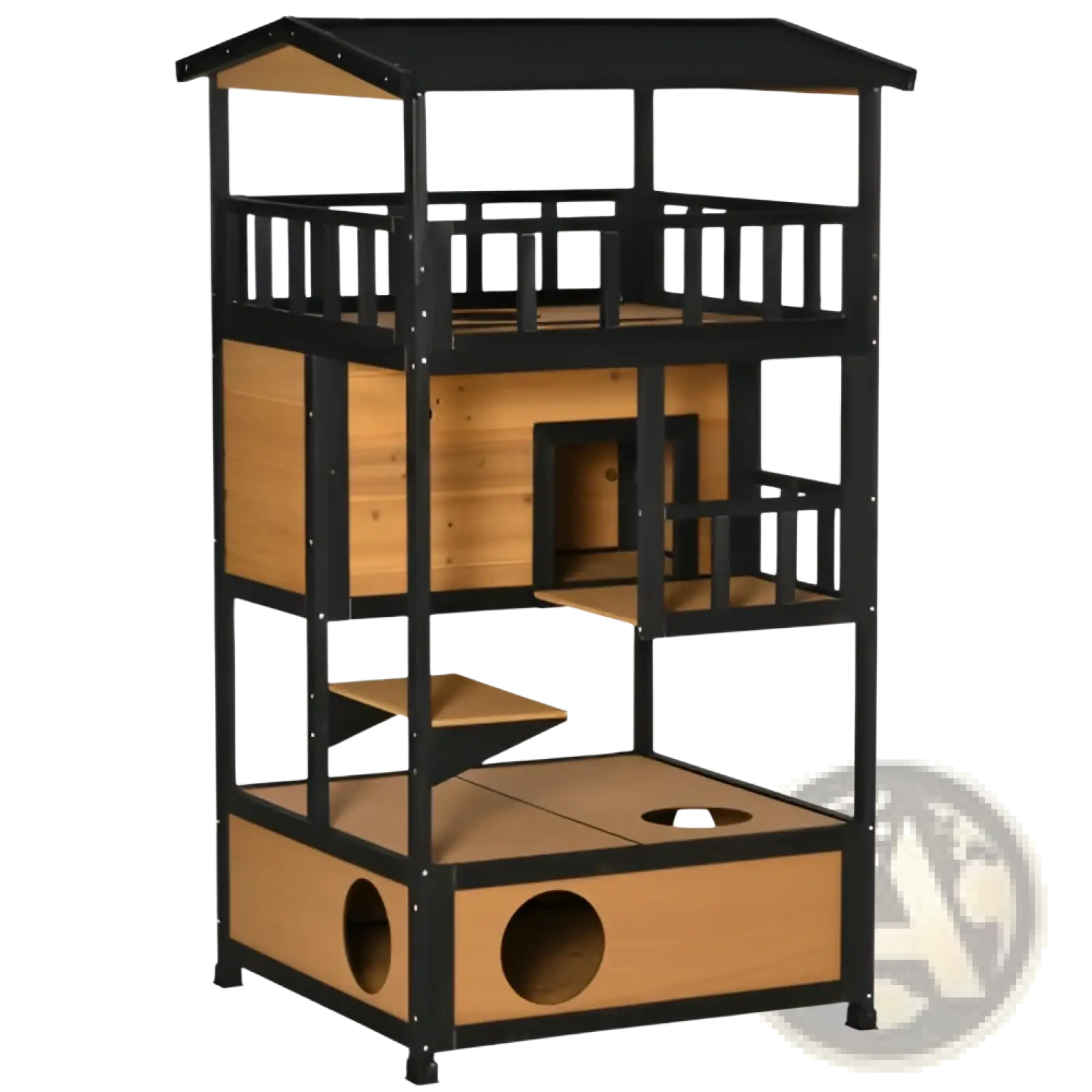 Black and light wood multi-level wooden outdoor cat house featuring platforms perches and enclosed sleeping areas