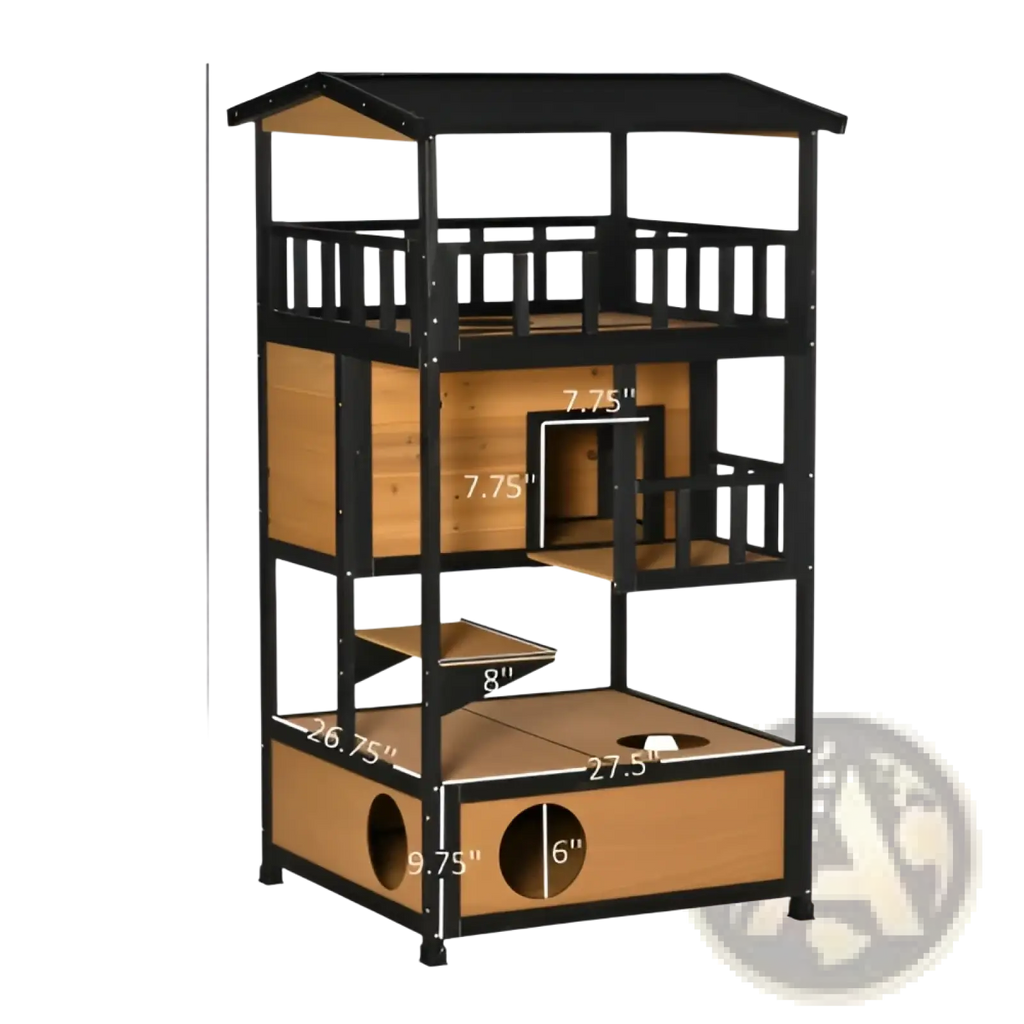 Black and light brown wooden outdoor cat house with multiple levels platforms and enclosed spaces for shelter