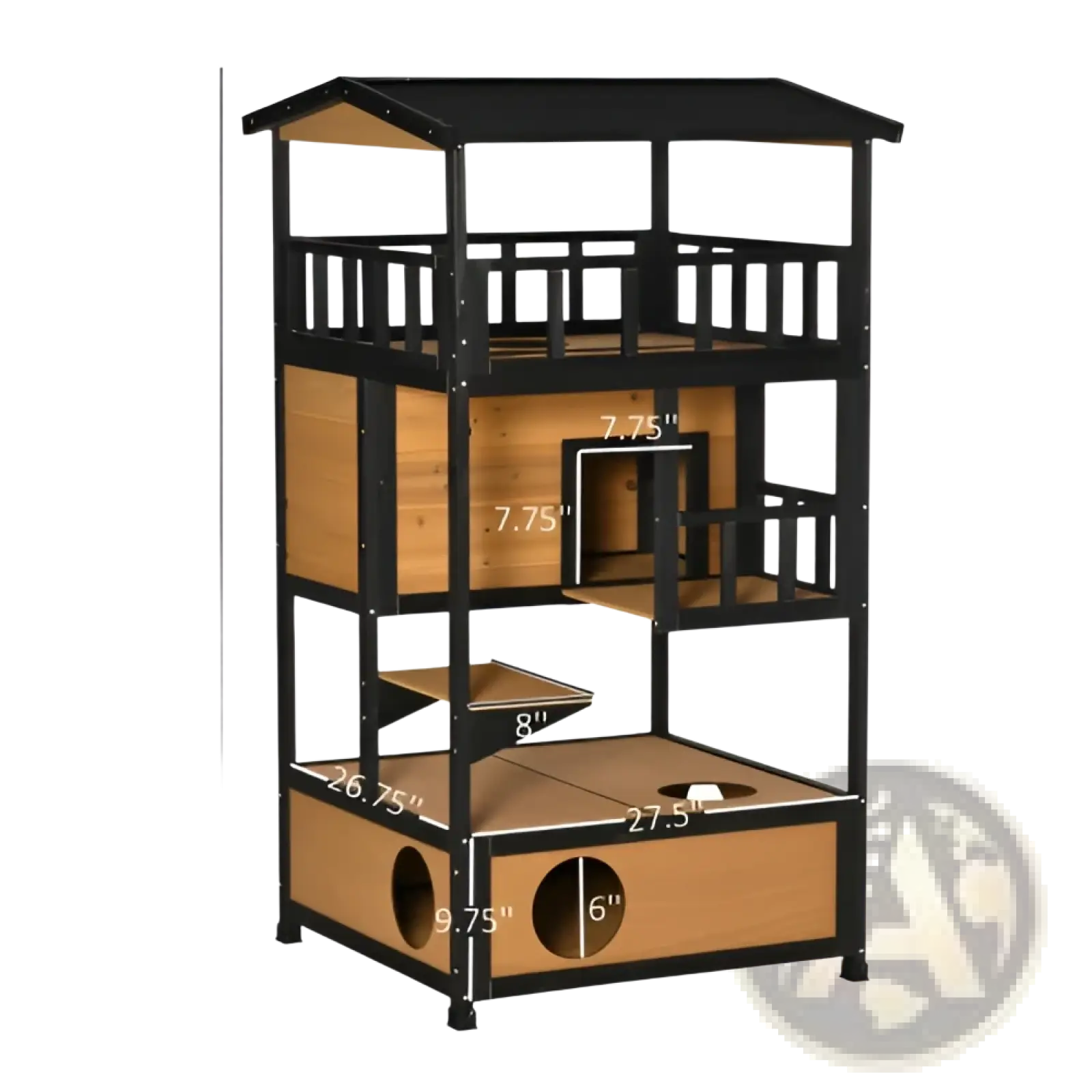 Black and light brown wooden outdoor cat house with multiple levels platforms and enclosed spaces for shelter