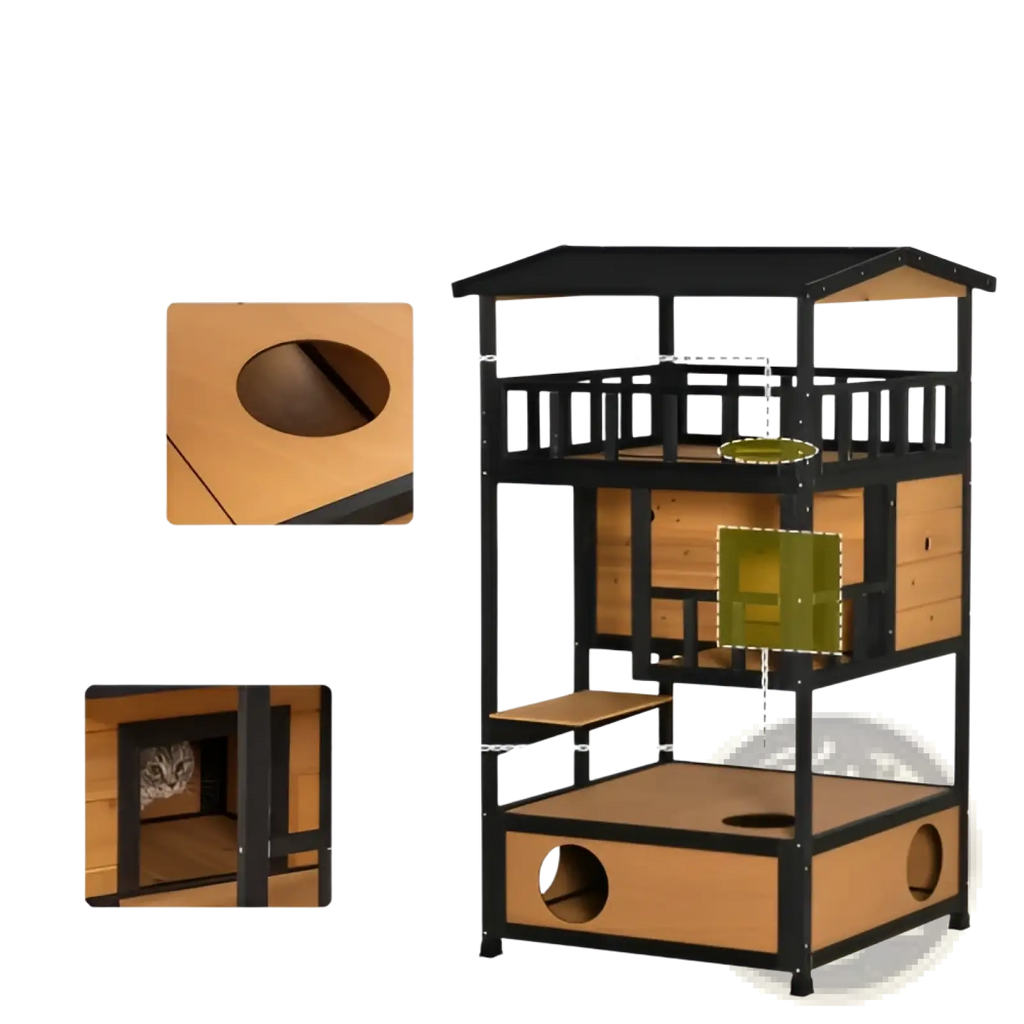 Wooden outdoor cat house multi level shelter with black metal frame light brown wooden panels roofed entrance and platforms