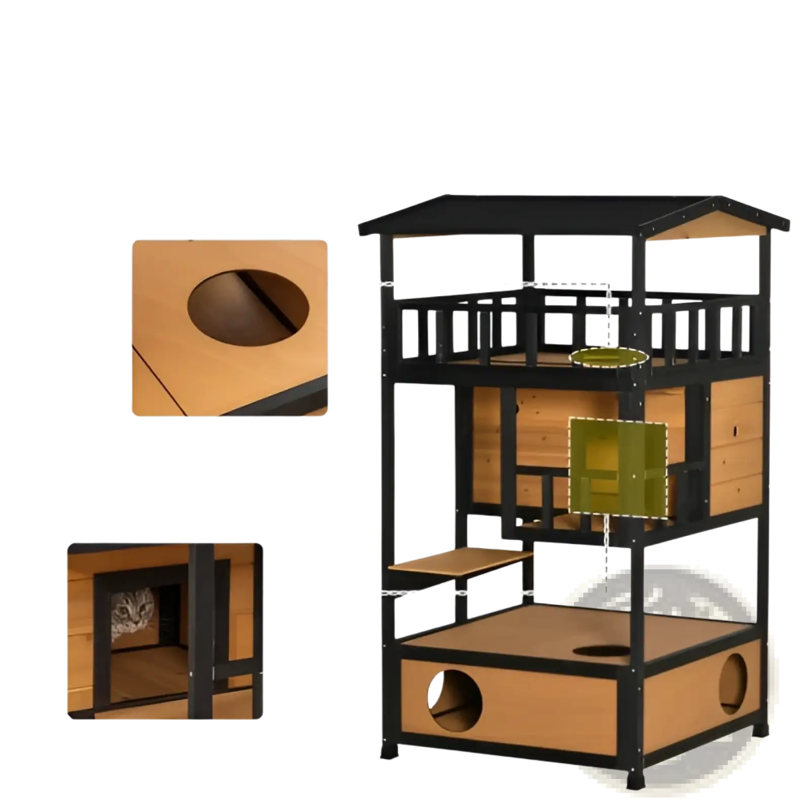 Wooden outdoor cat house multi level shelter with black metal frame light brown wooden panels roofed entrance and platforms