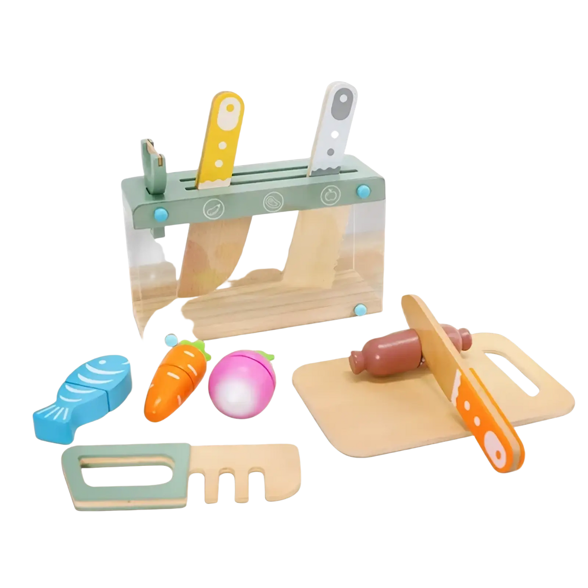 Pastel-colored wooden toy kitchen set with colorful utensils and food pieces for imaginative play