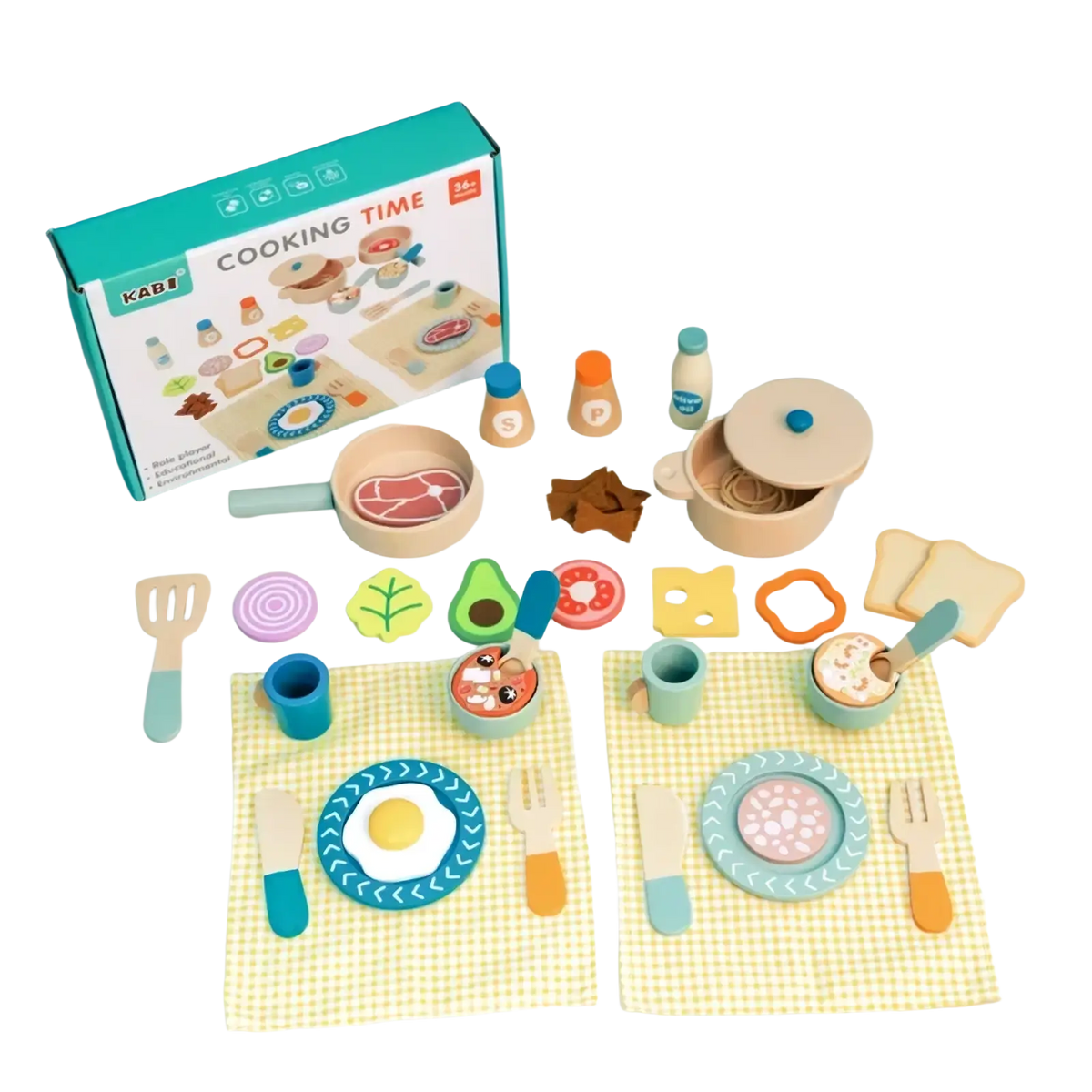 Wooden pastel toy dinnerware set with light beige pot, pastel-colored utensils, colorful plates, and toy food pieces