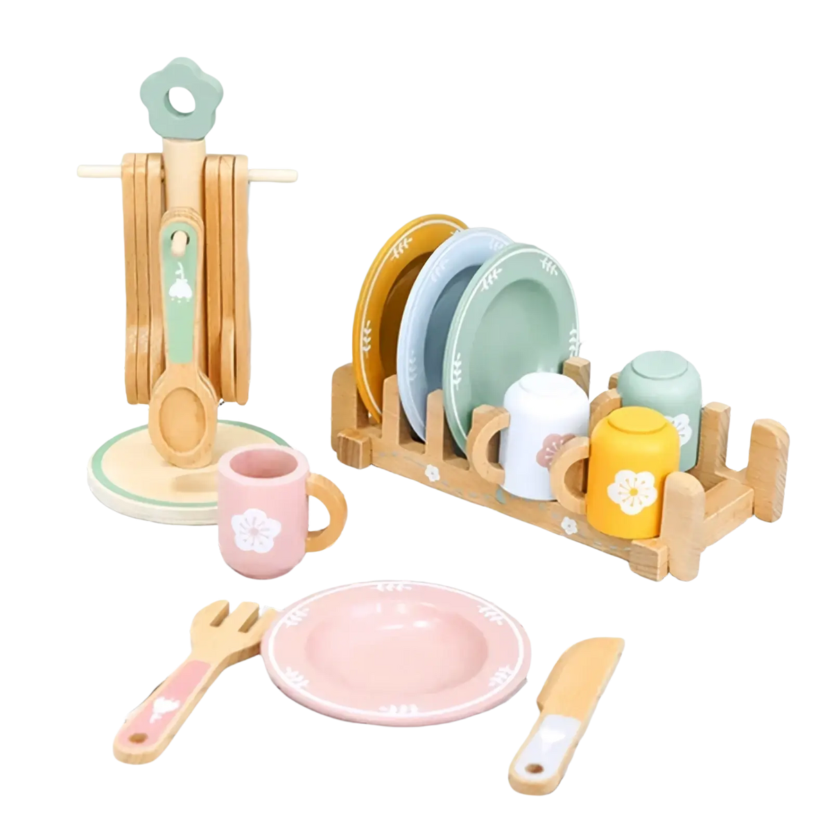 Pastel-colored wooden toy dinnerware set with painted plates cups and utensils on matching wooden racks