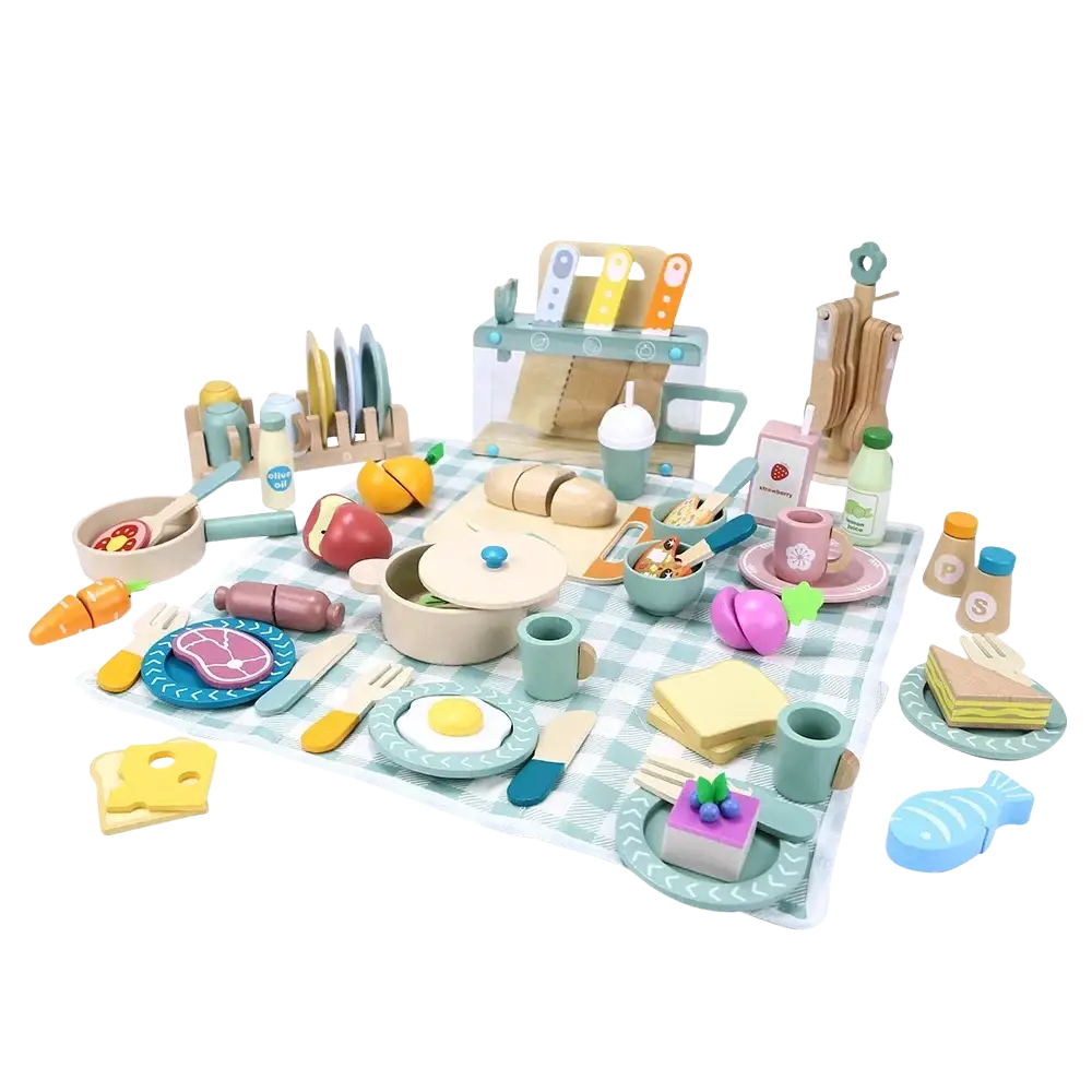 Wooden pastel toy dinnerware set featuring a pastel-colored wooden toy kitchen with painted details and realistic food items