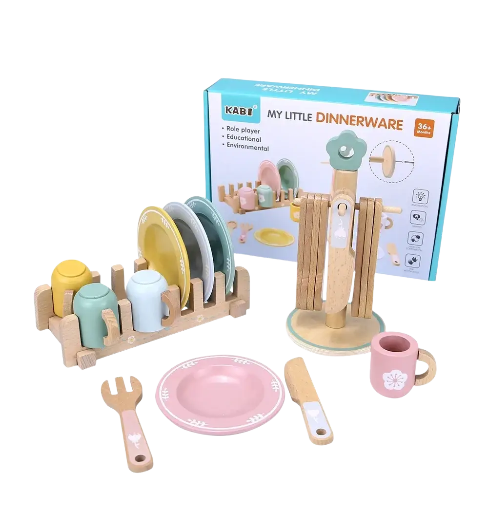 Pastel-colored wooden toy dinnerware set with plates cups and utensils arranged on matching wooden racks