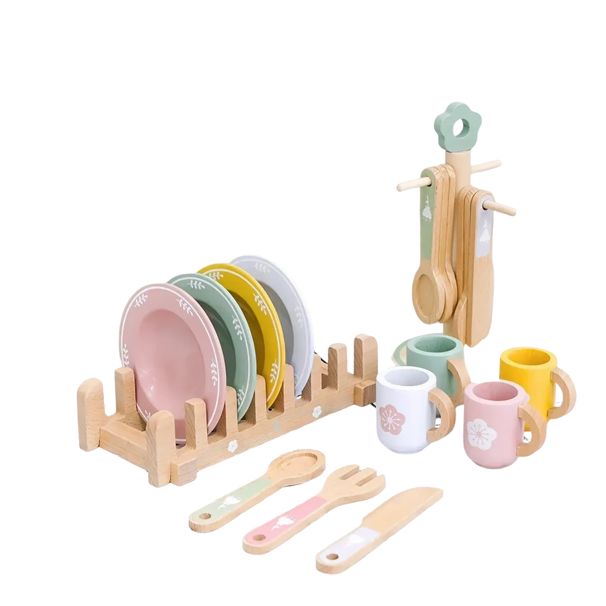 Pastel-colored wooden toy dinnerware set with plates mugs and utensils arranged on a checkered tablecloth