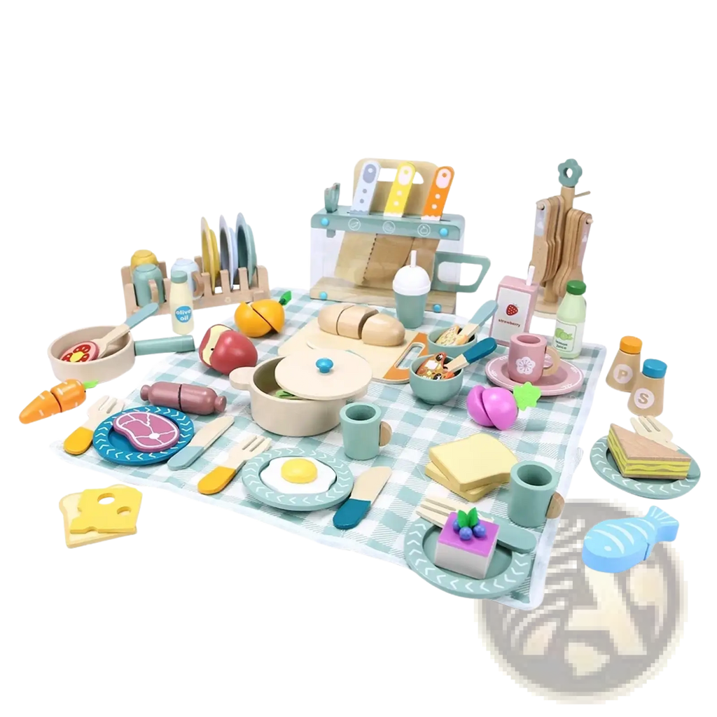 Wooden pastel toy dinnerware set featuring a pastel-colored wooden toy kitchen with painted details and realistic food items