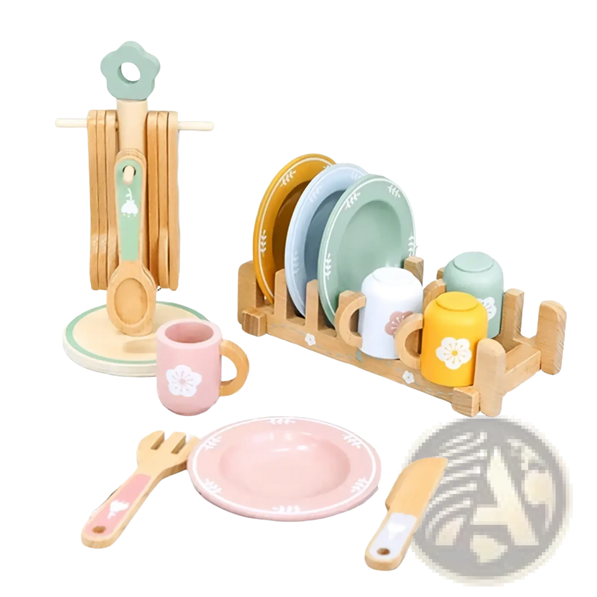 Pastel-colored wooden toy dinnerware set with painted plates cups and utensils on matching wooden racks