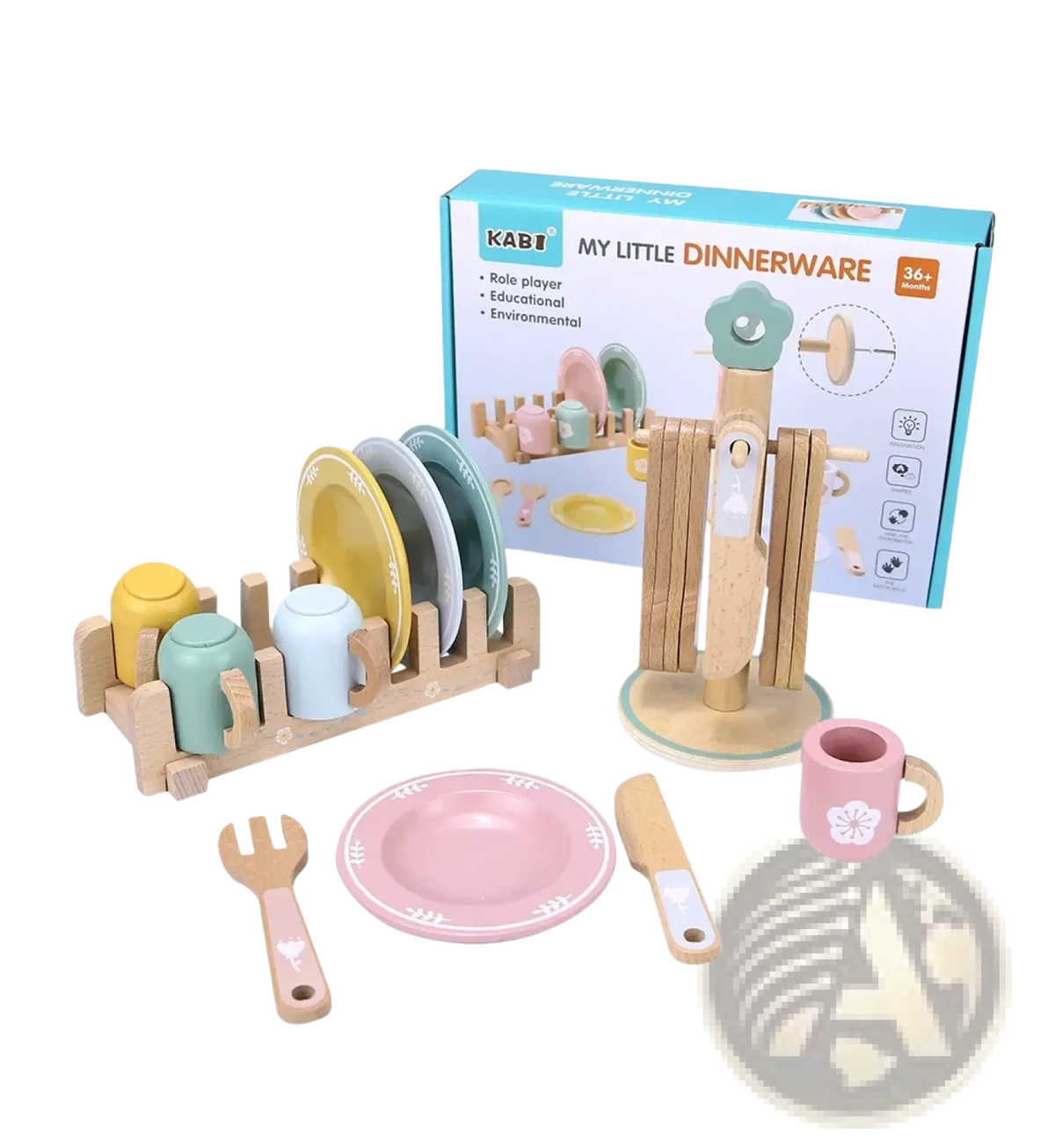 Pastel-colored wooden toy dinnerware set with plates cups and utensils arranged on matching wooden racks