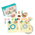 Wooden pastel toy dinnerware set with light beige pot, pastel-colored utensils, colorful plates, and toy food pieces