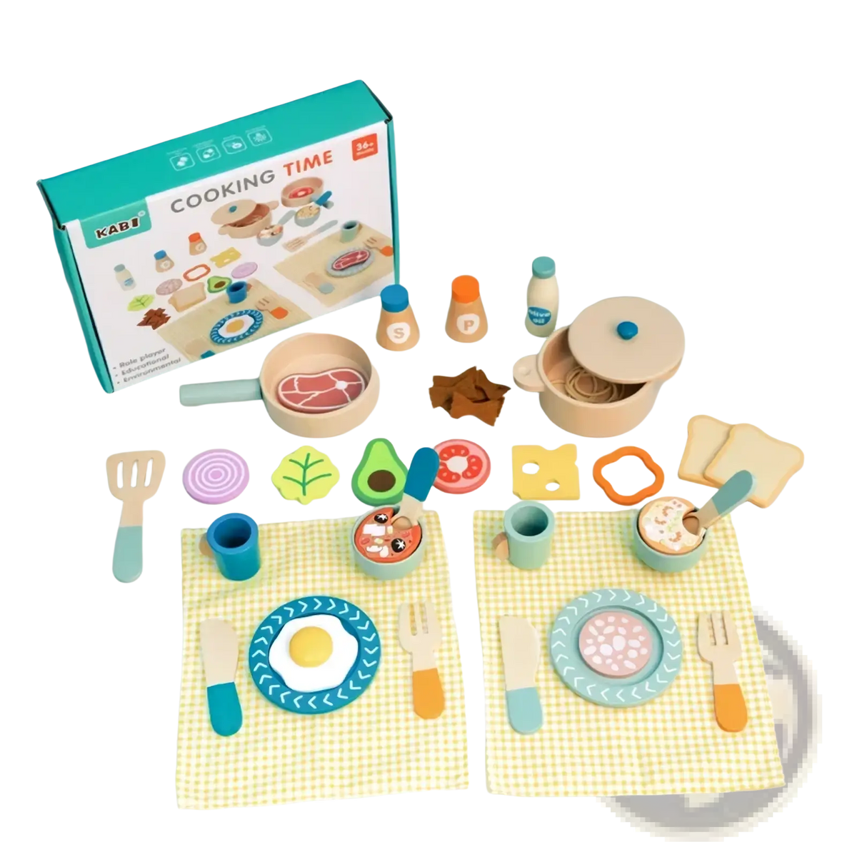 Wooden pastel toy dinnerware set with light beige pot, pastel-colored utensils, colorful plates, and toy food pieces