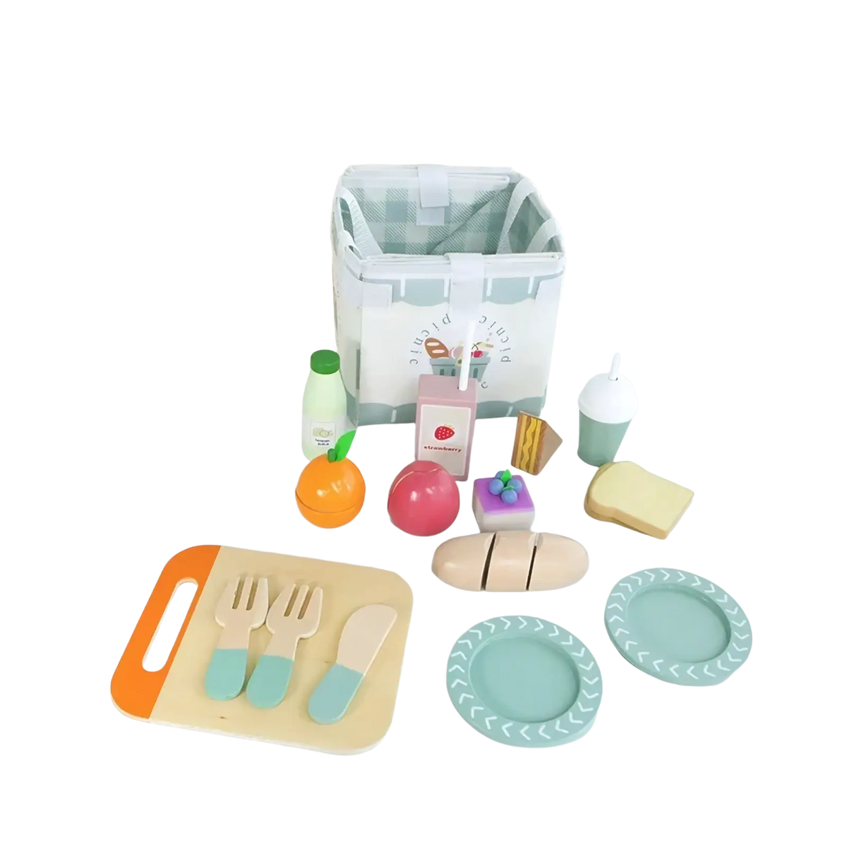 Wooden pastel toy dinnerware set featuring pastel green and beige wooden picnic items with plates cutlery and food props