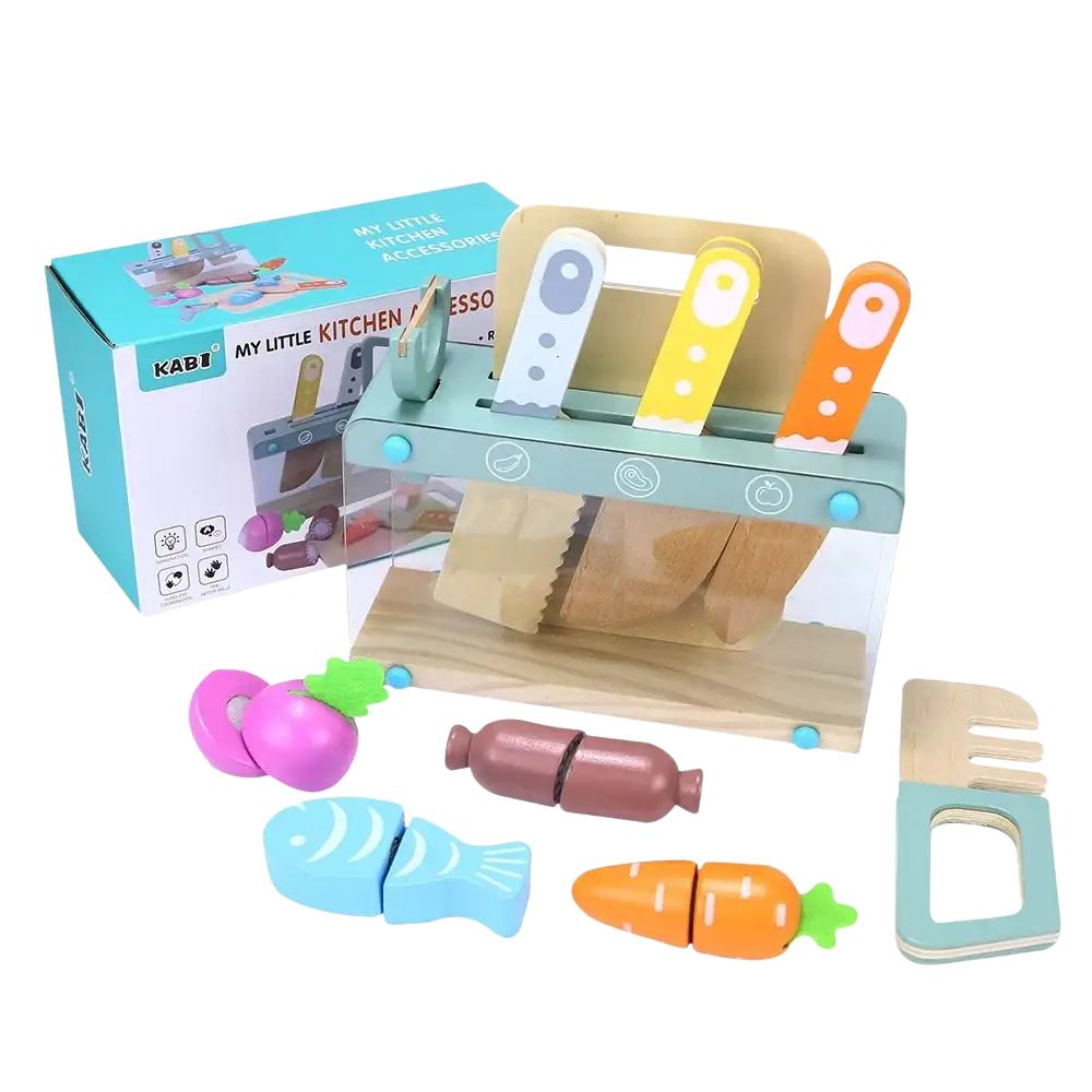 Wooden pastel toy dinnerware set with colorful utensils and food pieces in pastel tones for imaginative play