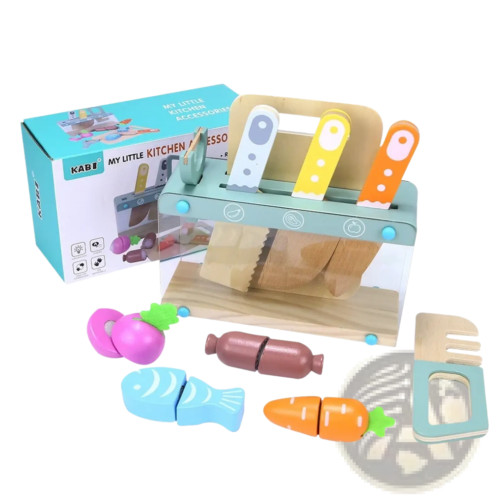 Wooden pastel toy dinnerware set with colorful utensils and food pieces in pastel tones for imaginative play