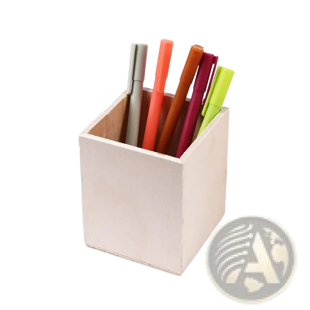 Beige wooden cube pen holder desk organizer storage box for office and home use