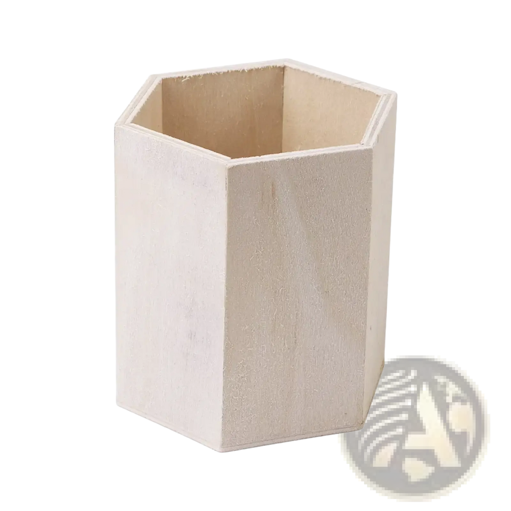 White hexagonal wooden pen holder with natural wood interior for desk organizer and storage box use