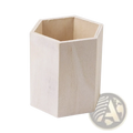 White hexagonal wooden pen holder with natural wood interior for desk organizer and storage box use