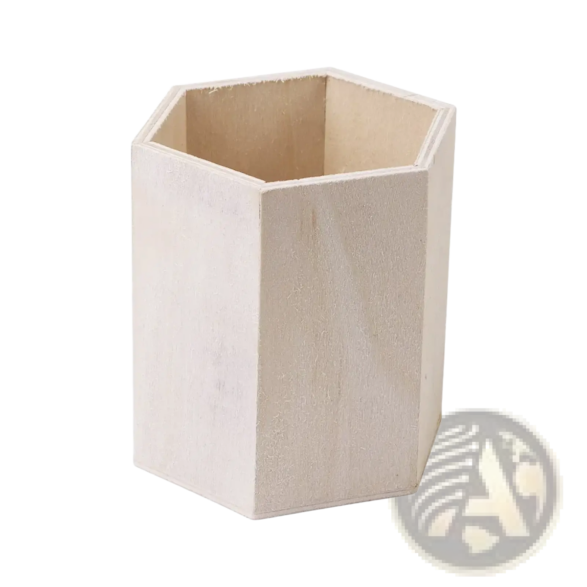 White hexagonal wooden pen holder with natural wood interior for desk organizer and storage box use