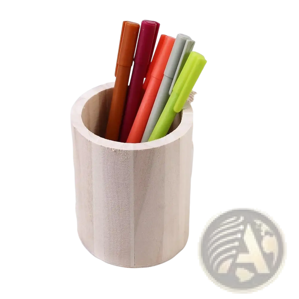 Light-colored wooden cylindrical pen holder storing colorful markers for desk organizer storage box use