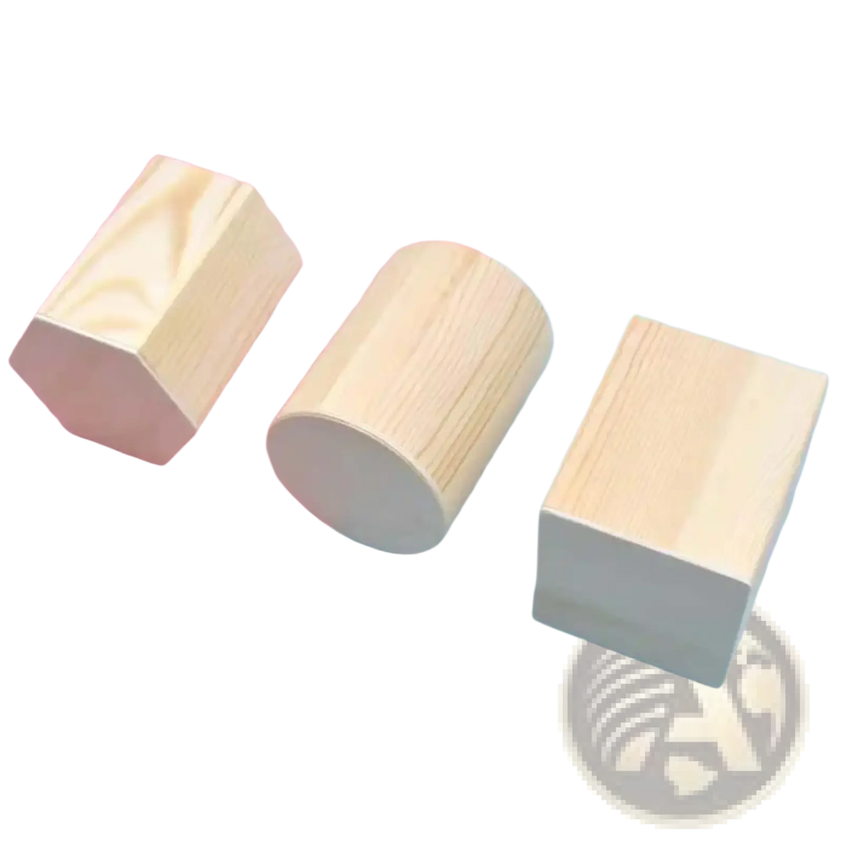 Three light-colored wooden geometric blocks with natural wood grain in a wooden pen holder desk organizer storage box