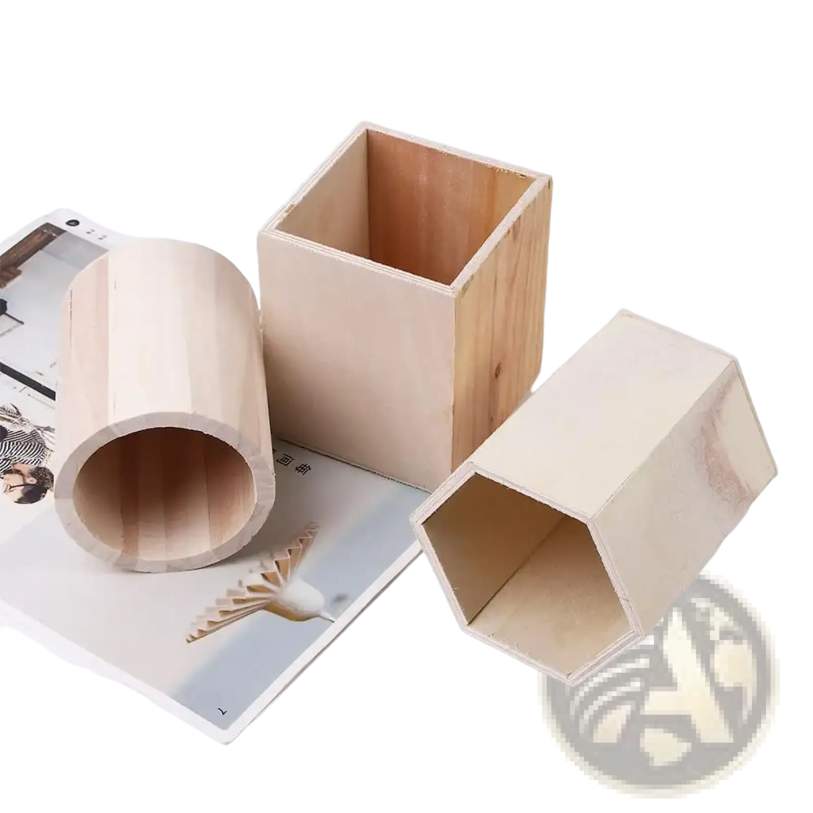 Wooden pen holder desk organizer storage box set with cylindrical square and hexagonal unfinished natural light wood grain containers