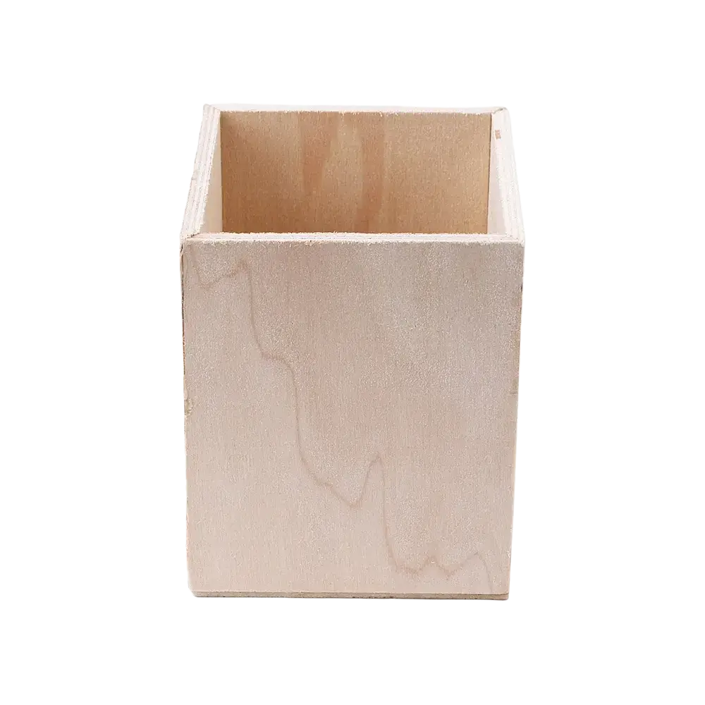 Unpainted square wooden pen holder desk organizer storage box with visible natural wood grain texture