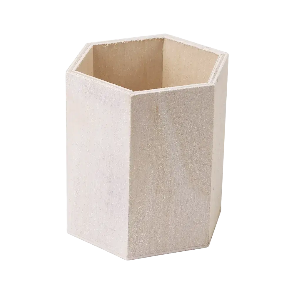 White hexagonal wooden pen holder with natural wood interior for desk organizer and storage box use