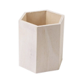 White hexagonal wooden pen holder with natural wood interior for desk organizer and storage box use