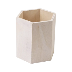 White hexagonal wooden pen holder with natural wood interior for desk organizer and storage box use