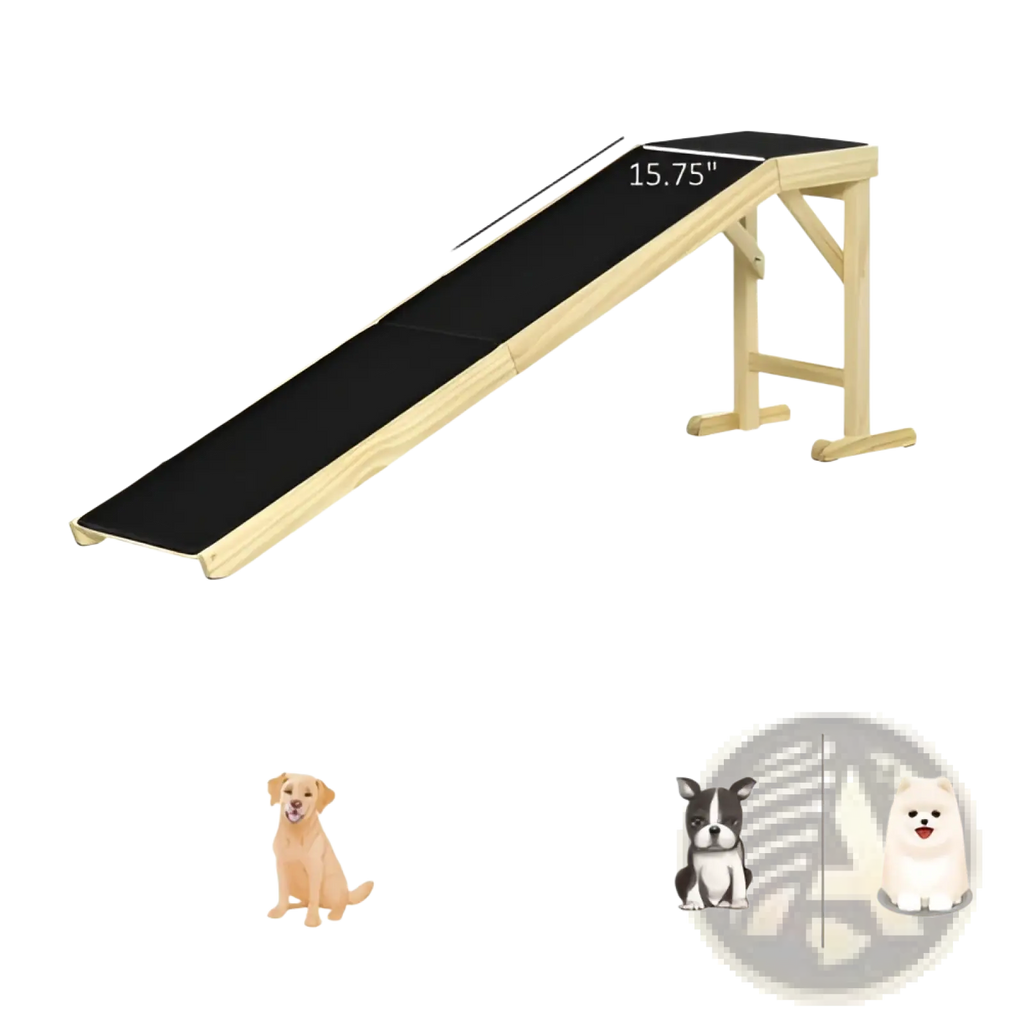 Wooden pet ramp for bed with black non-slip carpet surface designed for cats and dogs of various sizes