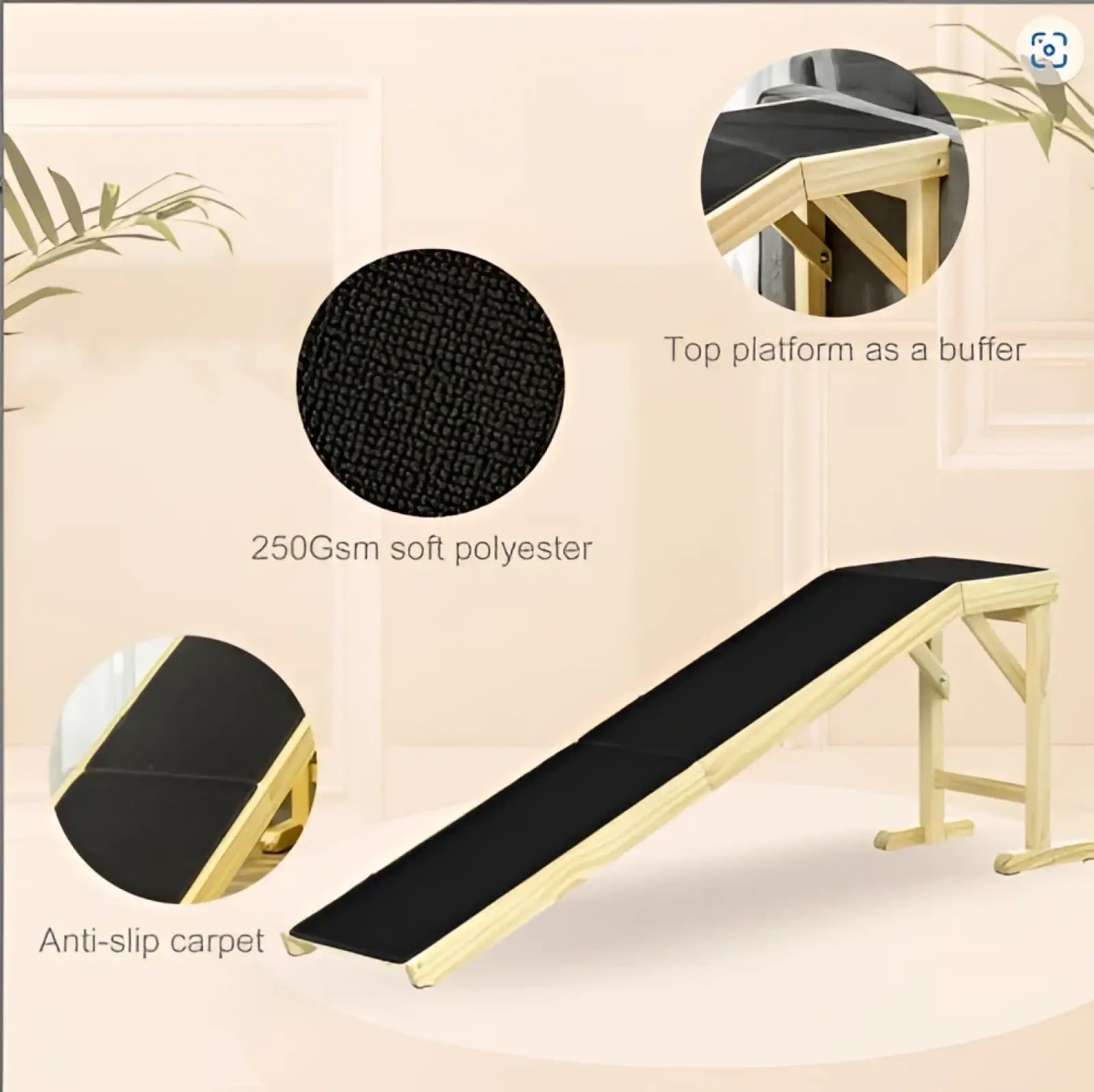 Wooden pet ramp for bed with black non-slip carpet platform and light wood frame for safe pet access