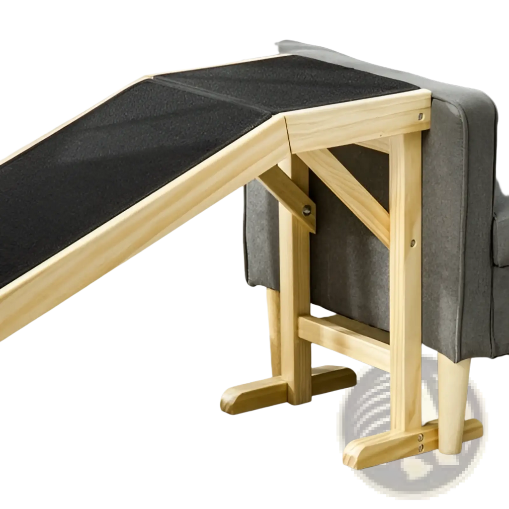 Light wood-framed wooden pet ramp for bed with black textured non-slip carpet platform for safe climbing
