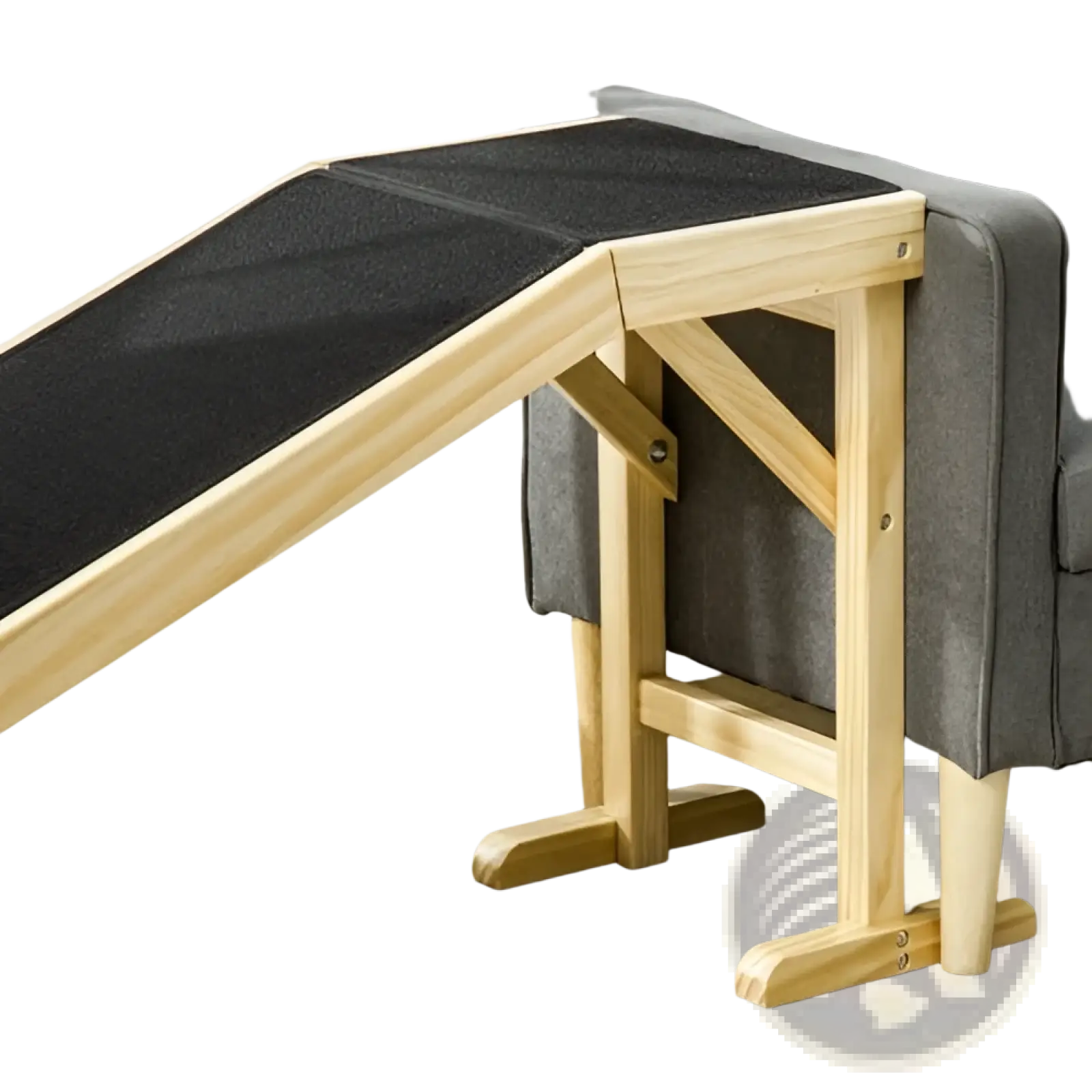Light wood-framed wooden pet ramp for bed with black textured non-slip carpet platform for safe climbing